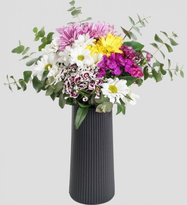 Siyah Çizgili Polimer Vazoda Karışık Çiçekler